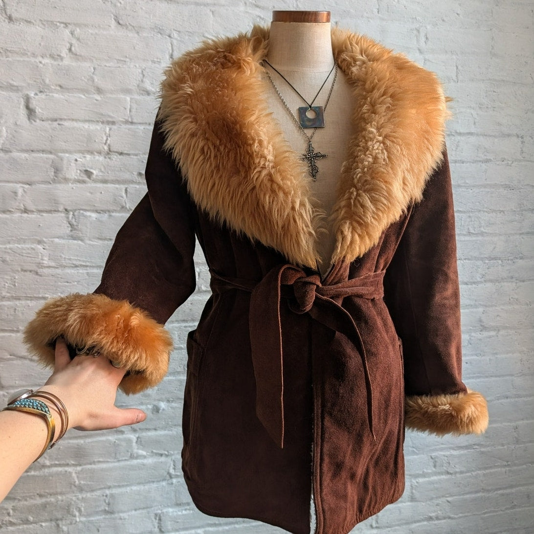 Vintage Brown Suede Penny Lane Coat Faux Fur Furry Afghan Leather Groovy Jacket