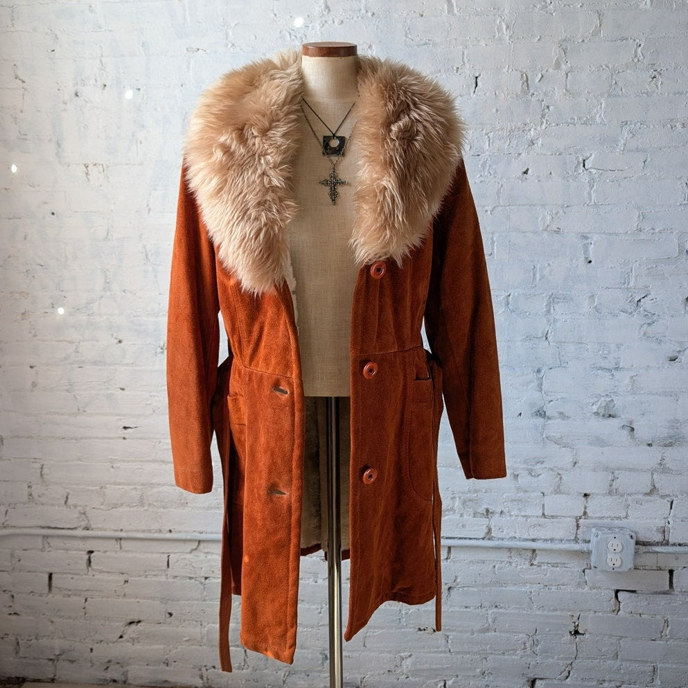 Vintage Orange Suede Penny Lane Jacket Leather Trench Coat Faux Fur Coat Large