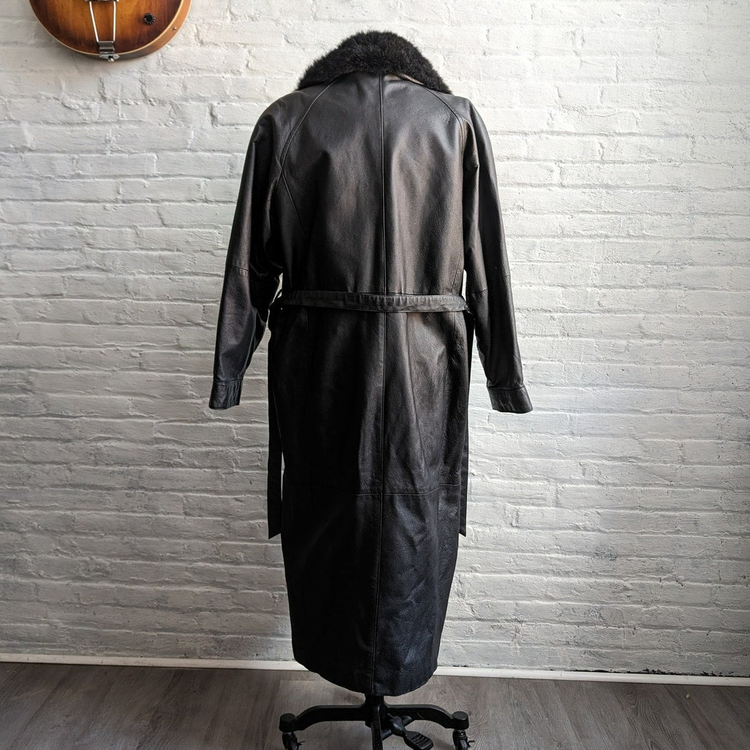 Vintage Black Leather Penny Lane Coat Fur Trench Minimalist Goth Furry Jacket