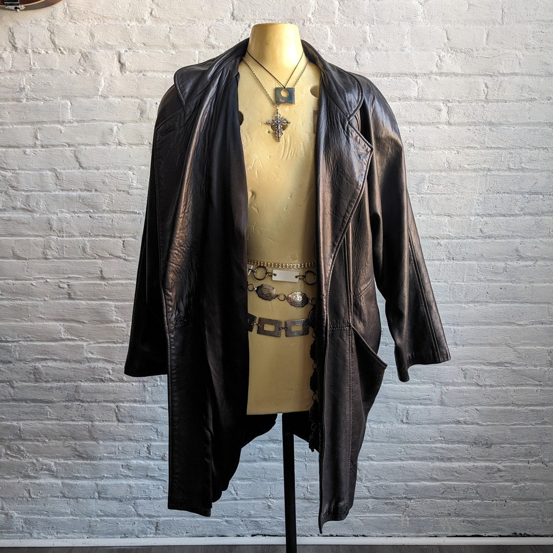 Vintage Minimalist Black Leather Duster Chic Baddie Biker Moto Goth Trench Coat