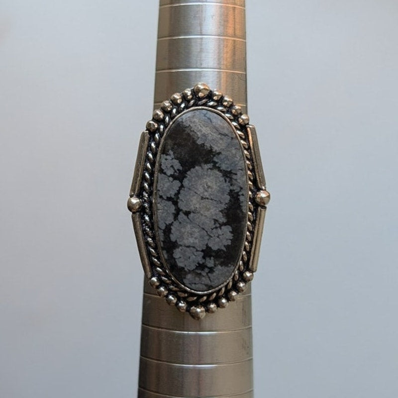 Black and White Natural Stone Ring Boho Chic Sterling Silver Vintage Size 6.75