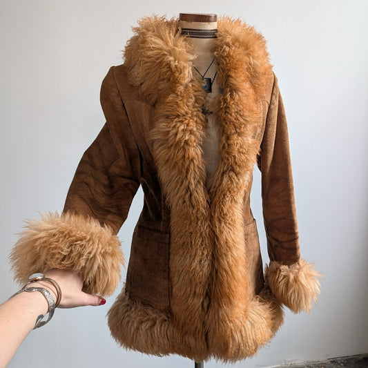 Vintage Rusty Orange Suede Penny Lane Jacket Leather Trench Coat Fur Coat Small