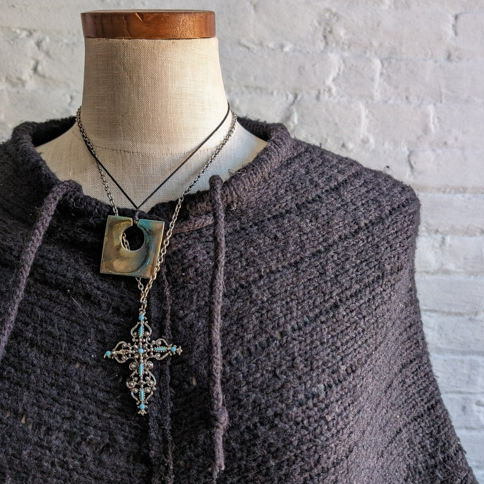 Y2K Vintage Black Knit Fringe Poncho Goth Western Dark Grunge Festival Sweater