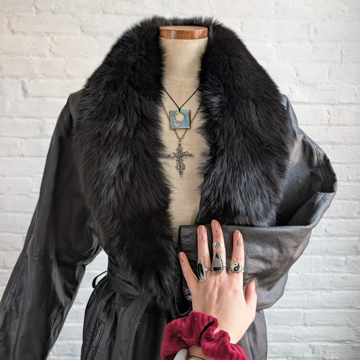 Vintage Black Leather Penny Lane Coat Fur Trench Minimalist Goth Furry Jacket