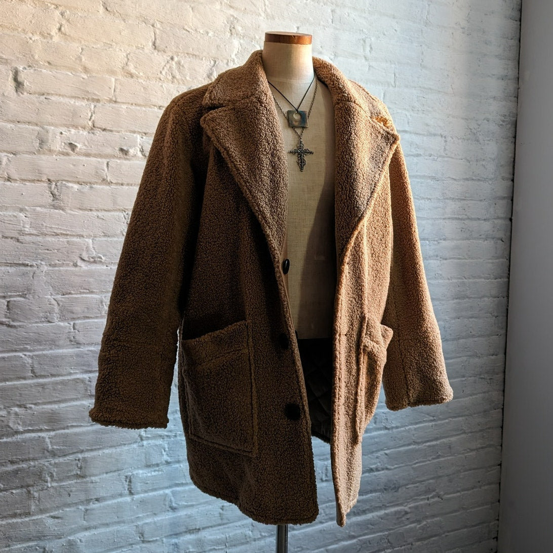 Brown Faux Fur Coat Teddy Jacket Quilted Puffer Coat Designer Reversible Medium