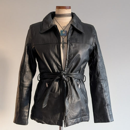 Vintage Black Genuine Leather Trench Coat Minimalist Goth Duster Jacket Small