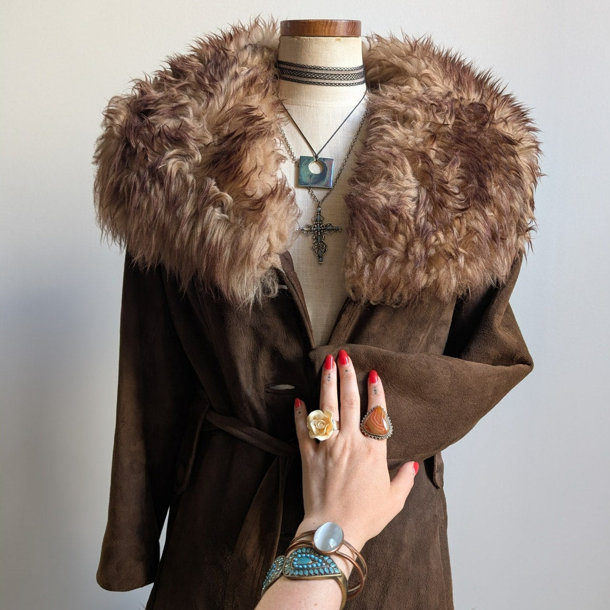 Vintage Brown Suede Fur Trim Penny Lane Jacket Genuine Leather Trench Coat Small