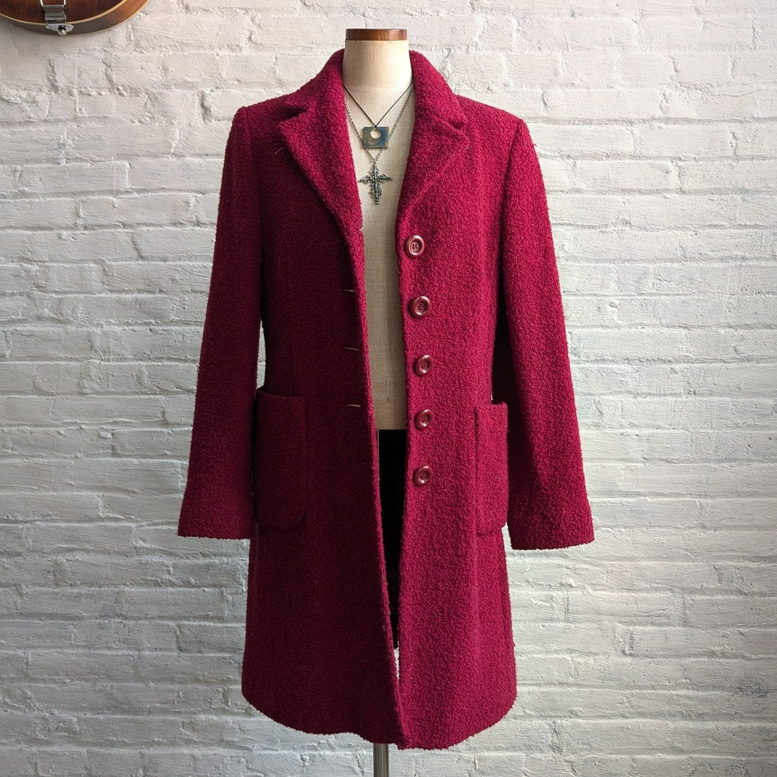 Y2K Vintage Red Trench Coat Boucle Knit Jacket Maroon Pink Wool Jacket Medium