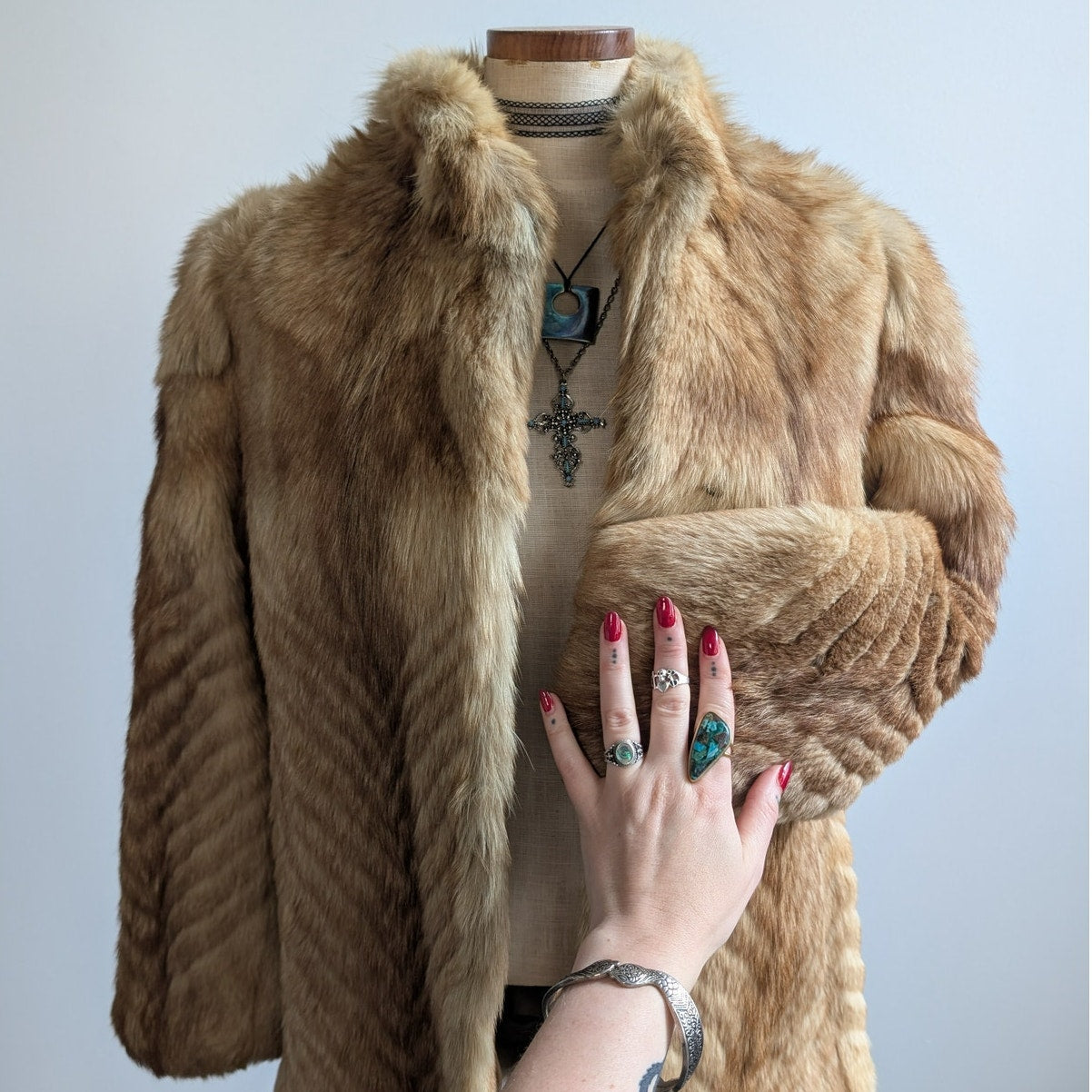 Vintage Brown Fur Coat Coyote Fox Fur Trim Coat Tan Neutral Winter Jacket Medium