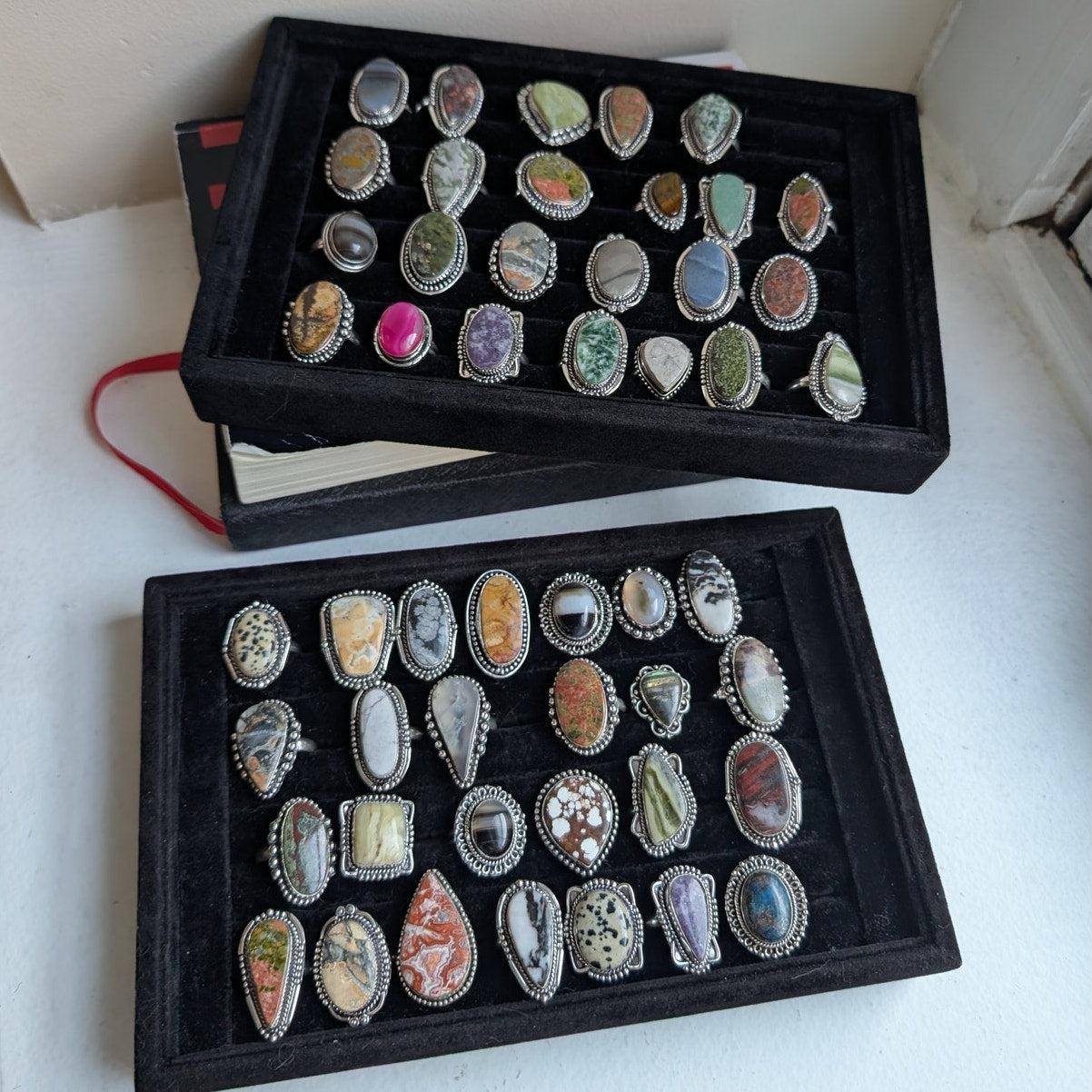 Dark Romance Black White Sterling Silver Ring Retro Vintage Boho Stone Size 7