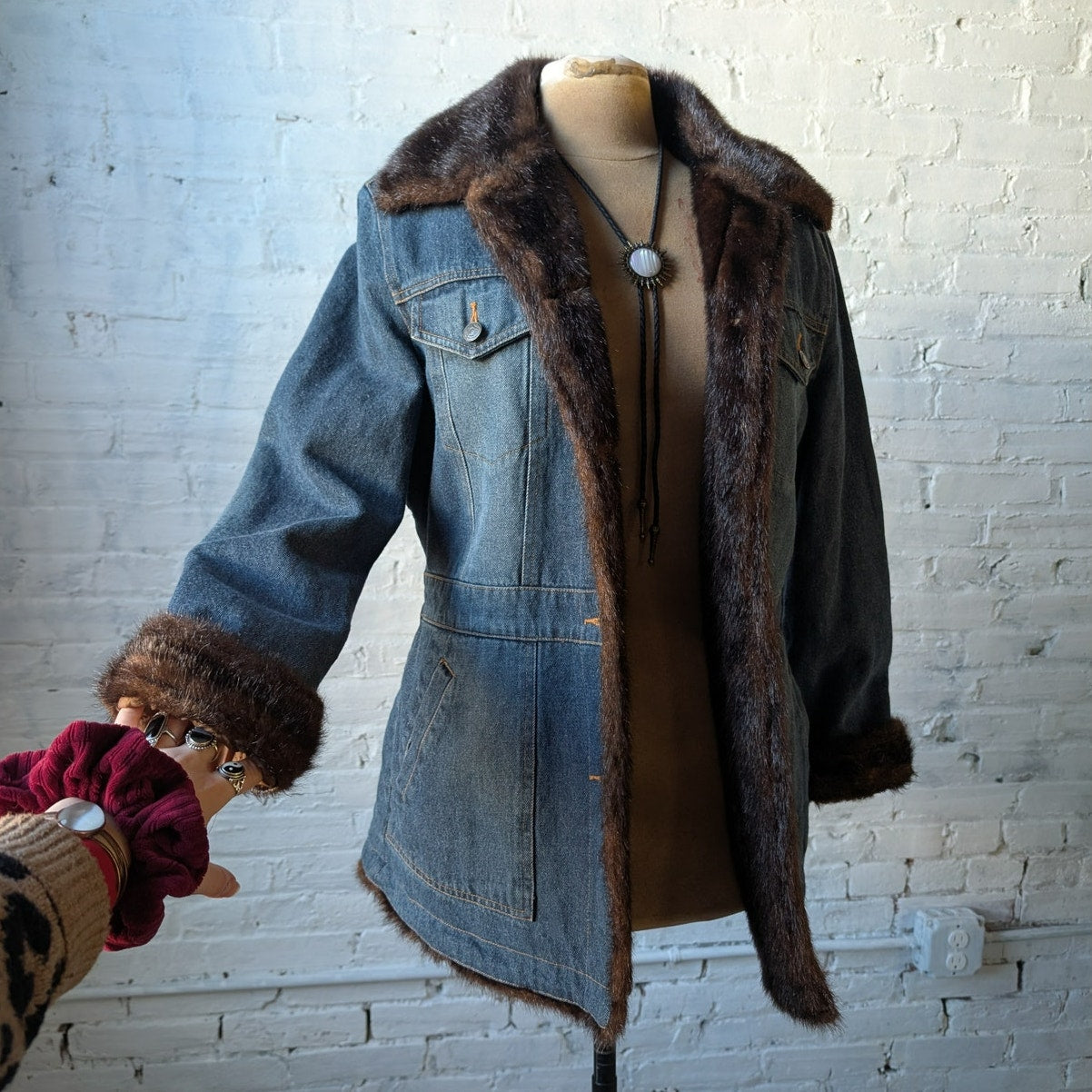 Vintage Denim Faux Fur Jacket Blue Jean Penny Lane Furry Cozy Western Chore Coat
