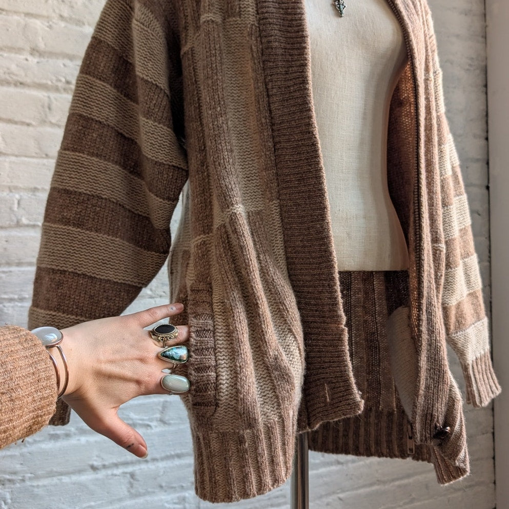 Vintage Wool Neutral Knit Cardigan Zipper Chunky Stripe Sweater Cozy Shacket