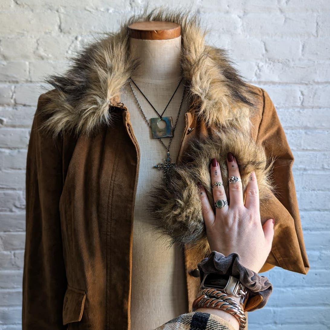 Y2K Vintage Furry Penny Lane Coat Genuine Suede Leather Vegan Fur Shag Jacket