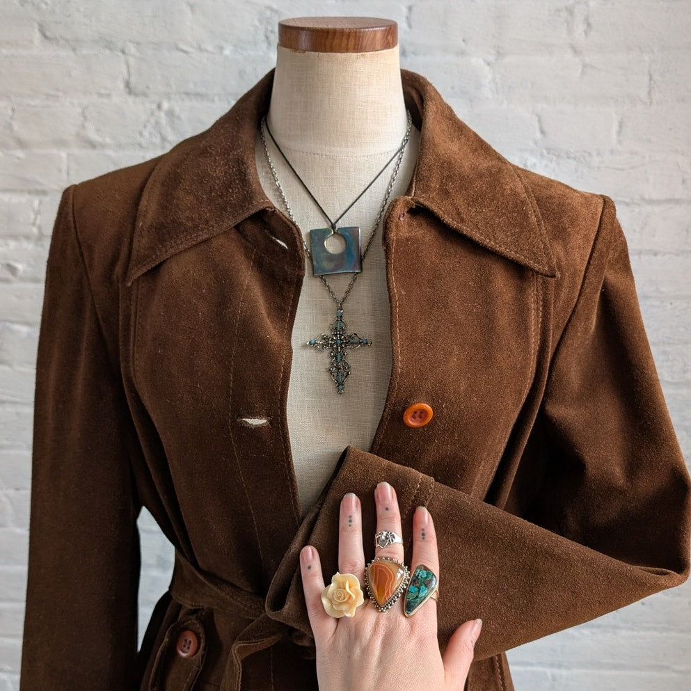 70s Vintage Brown Suede Leather Jacket Minimalist Boho Moto Biker Trench Coat