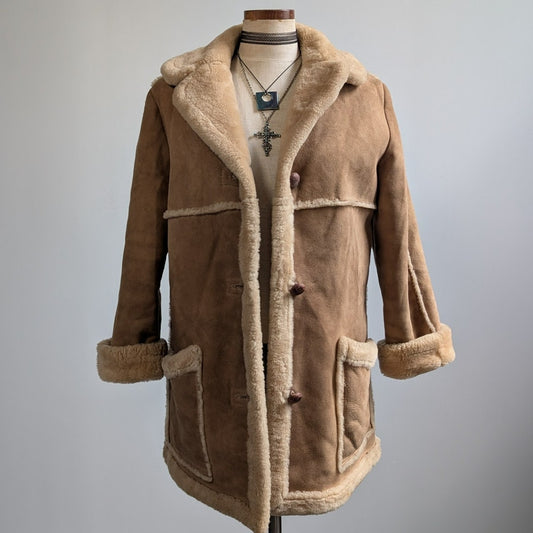 Vintage Brown Suede Shearling Coat Fur Coat Wool Minimalist Winter Jacket Medium