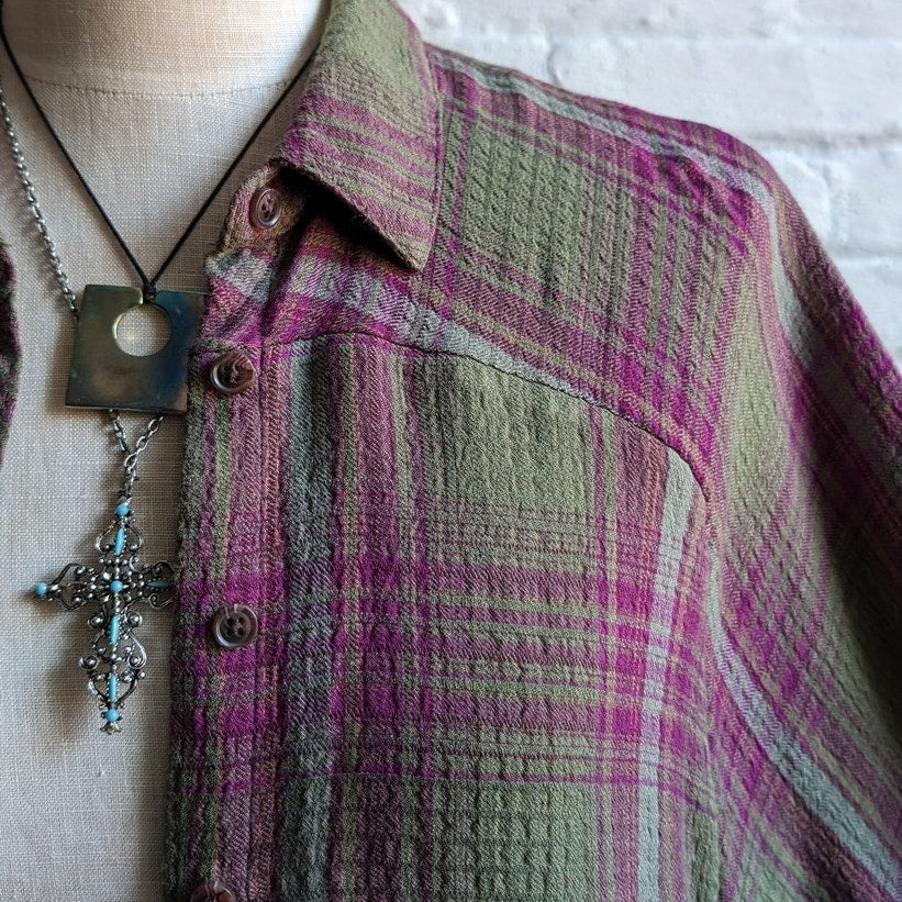 Urban Outfitters Green Grunge Plaid Flannel Forest Fairy Oversize Boyfriend Top