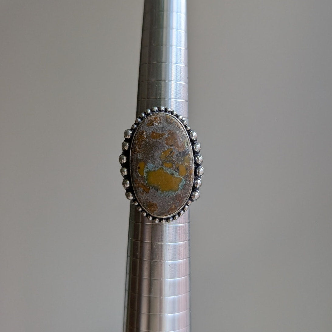 Earthy Green Rust Natural Stone Ring Boho Chic Sterling Silver Vintage Size 7