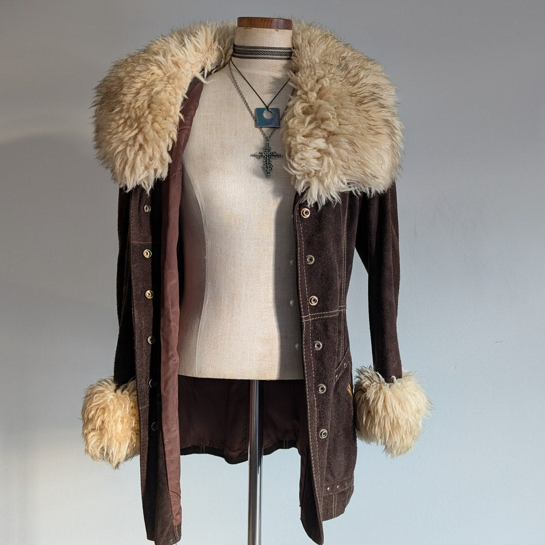 Vintage 70s Brown Suede Jacket Penny Lane Coat Shearling Fur Trim Western Small