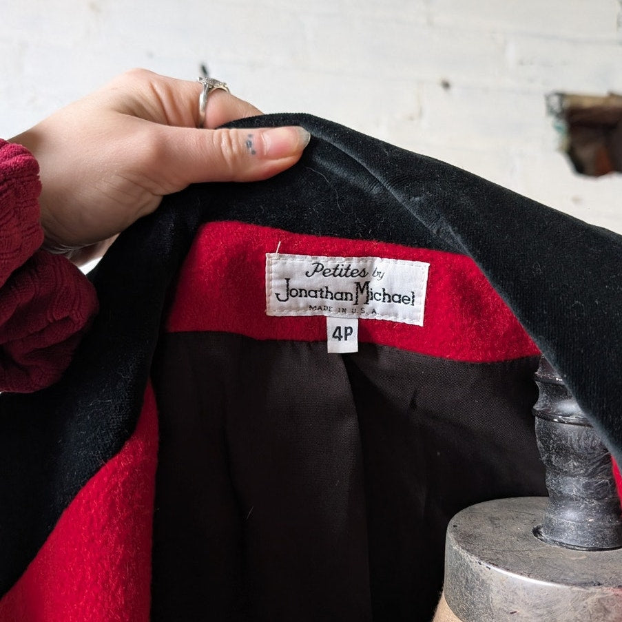 Vintage Red Wool Trench Coat Statement Velvet Collar Dark Romance Pleated Jacket