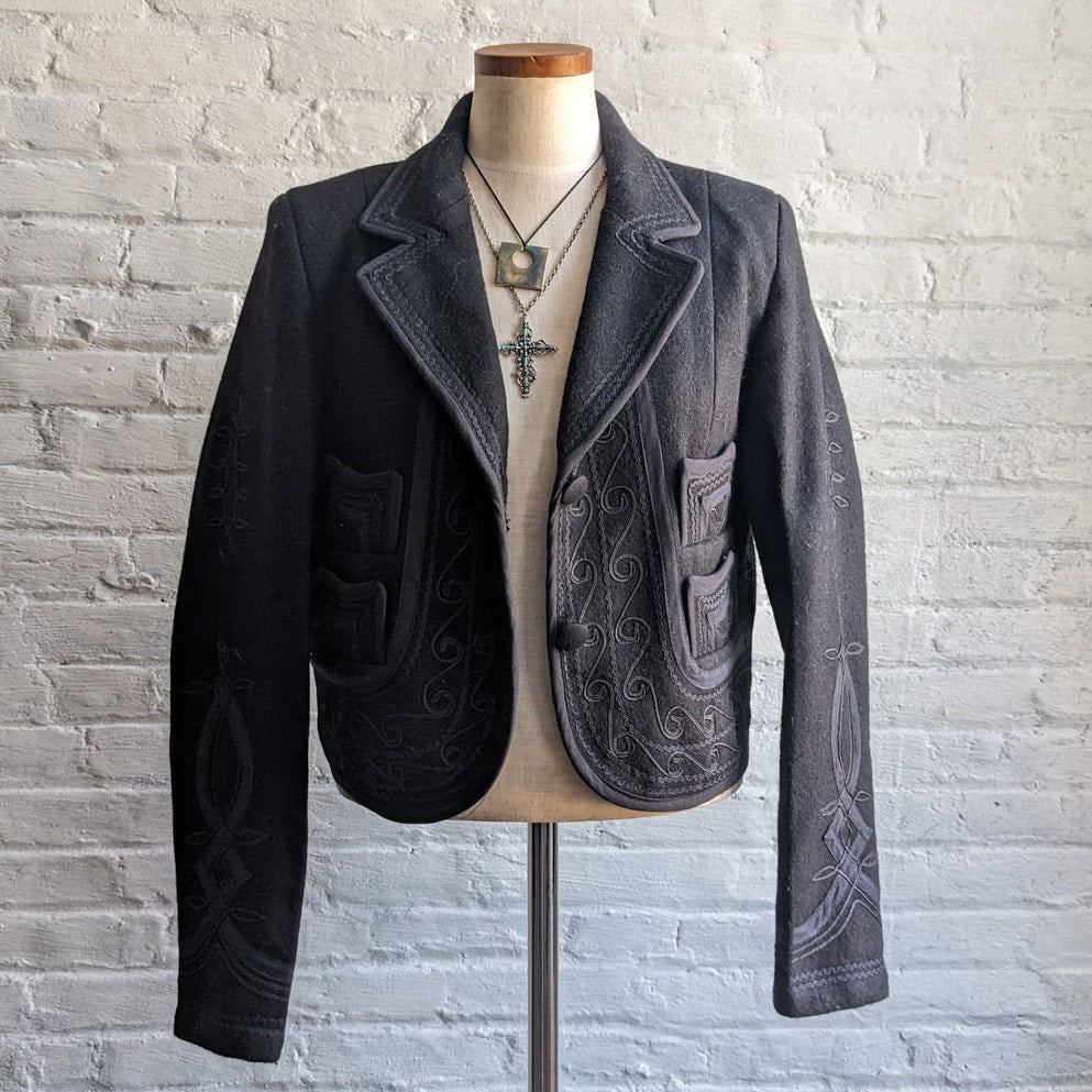 Vintage Black Wool Western Blazer Cropped Jacket Minimalist Coat Cowgirl Medium