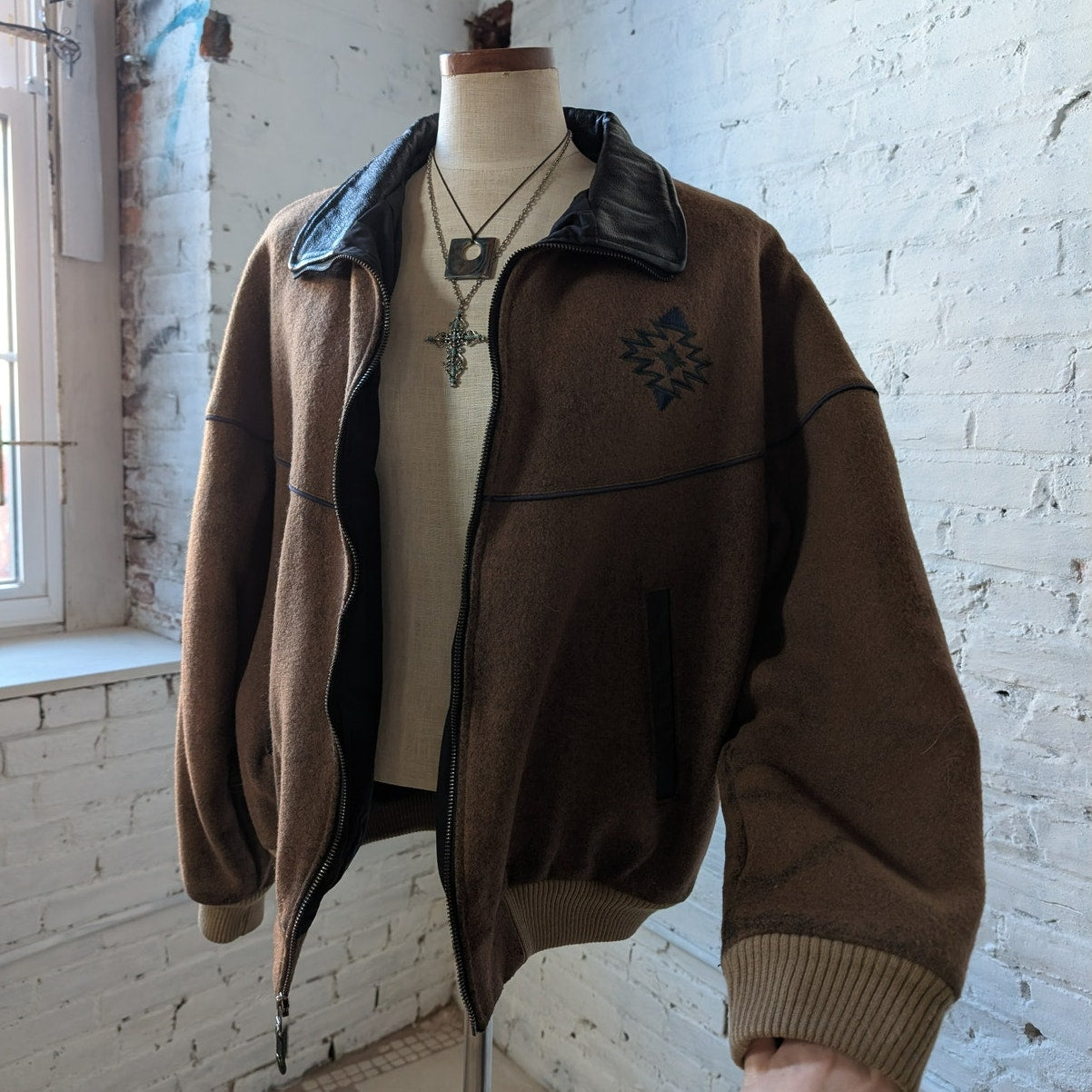 Vintage Brown Wool Leather Bomber Jacket Western Utility Cowboy Chore Coat Large