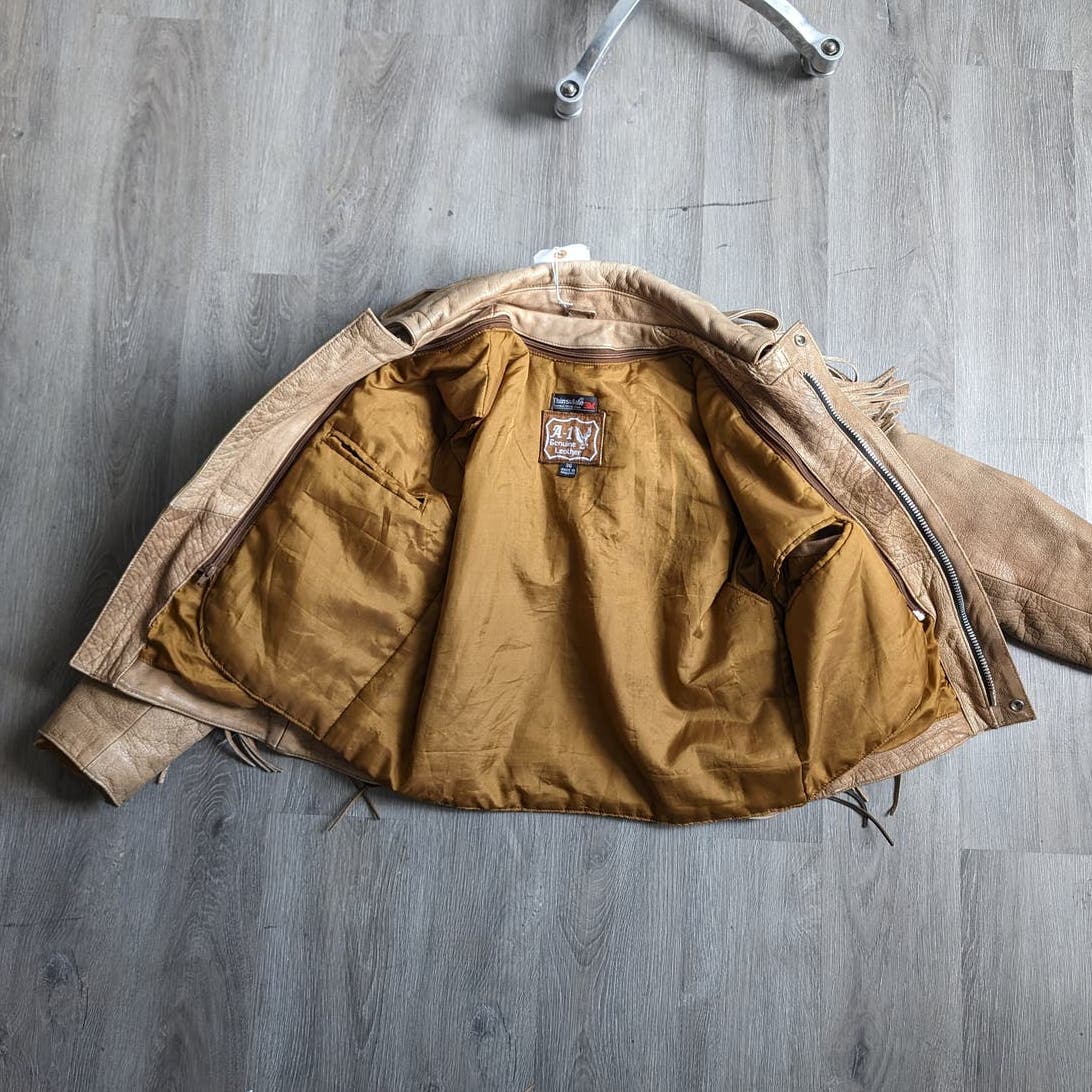 Vintage Light Caramel Brown Southwest Leather Fringe Biker Jacket