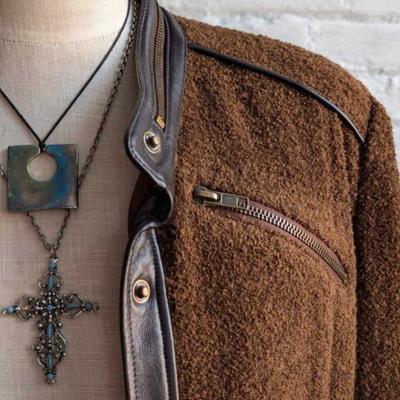 90s Vintage Brown Wool Leather Jacket Boucle Knit Steampunk Utility Coat Blazer