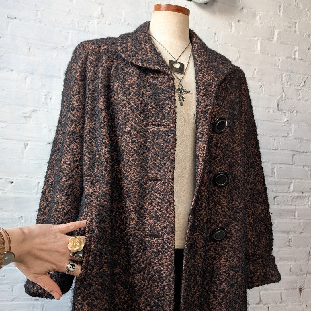Vintage Black Rusty Fuzzy Wool Trench Coat Preppy Knit Boucle Boho Breezy Jacket