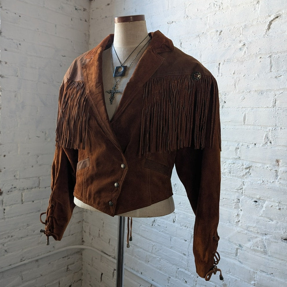 Vintage Rust Orange Brown Suede Leather Jacket Fringe Biker Western Moto Coat
