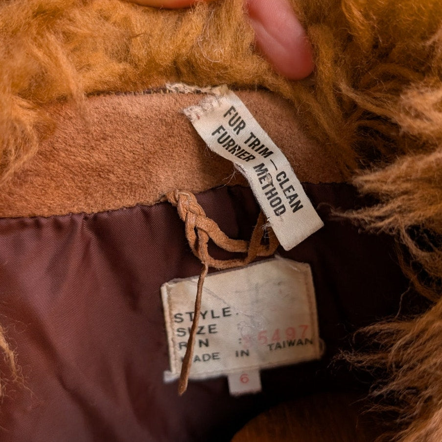 Vintage Brown Suede Penny Lane Jacket Fur Furry Leather Groovy Mod Trench Coat