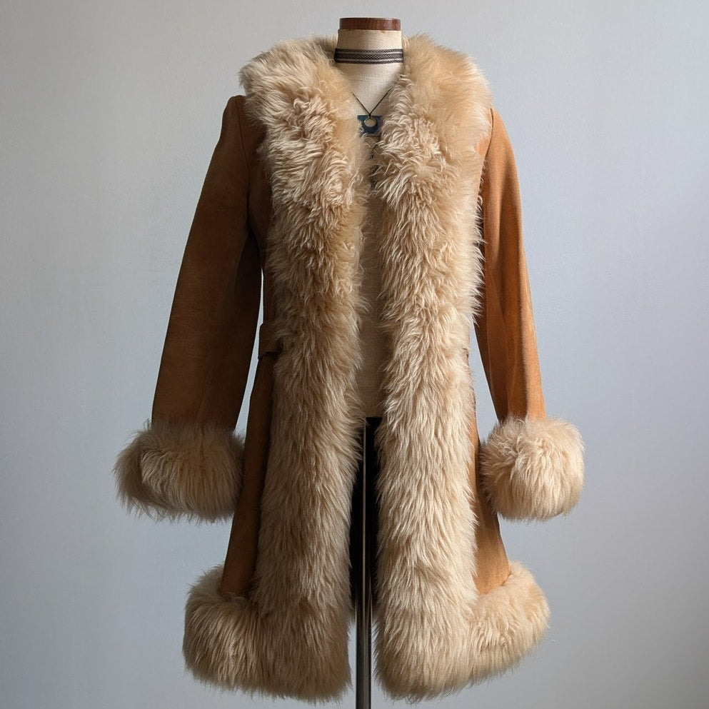 Vintage Tan Brown Suede Penny Lane Jacket Fur Furry Leather Trench Coat Small