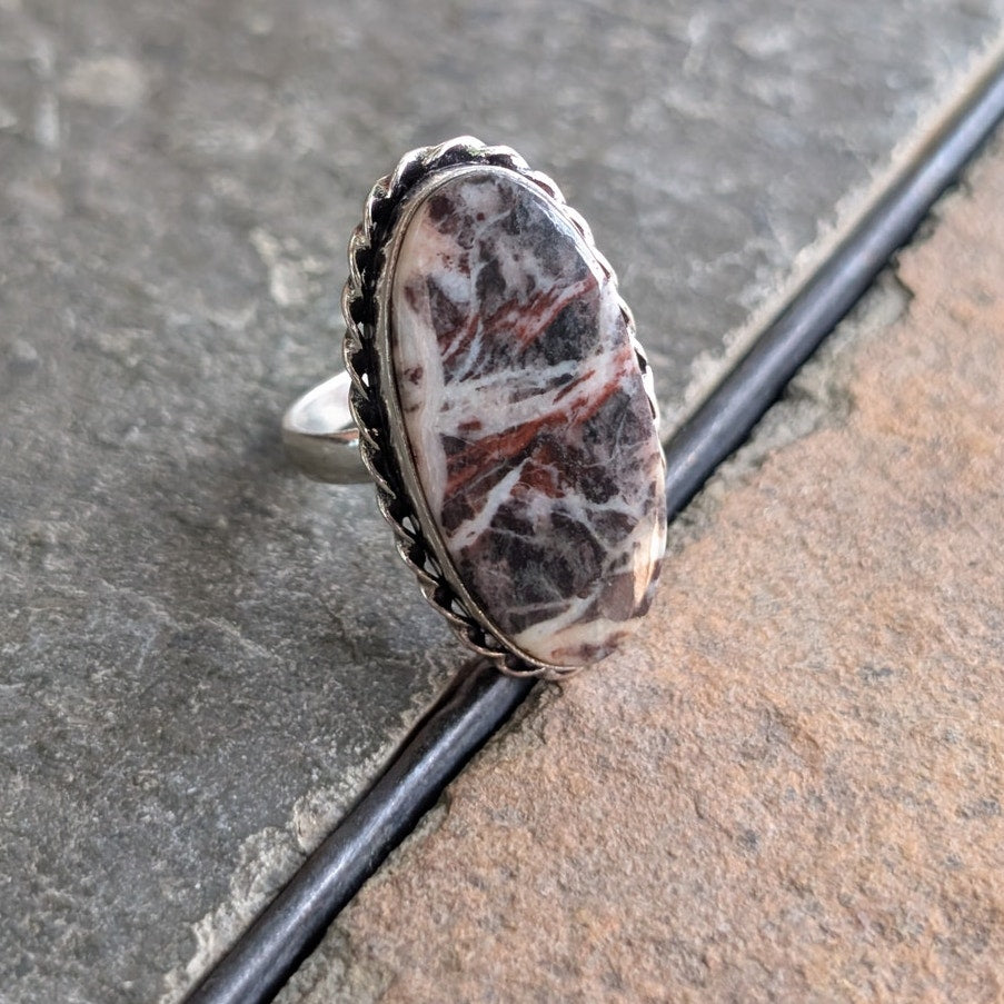 Marbled Boho Statement Ring Oval Silver Vintage Groovy Southwest Chic Size 9.25