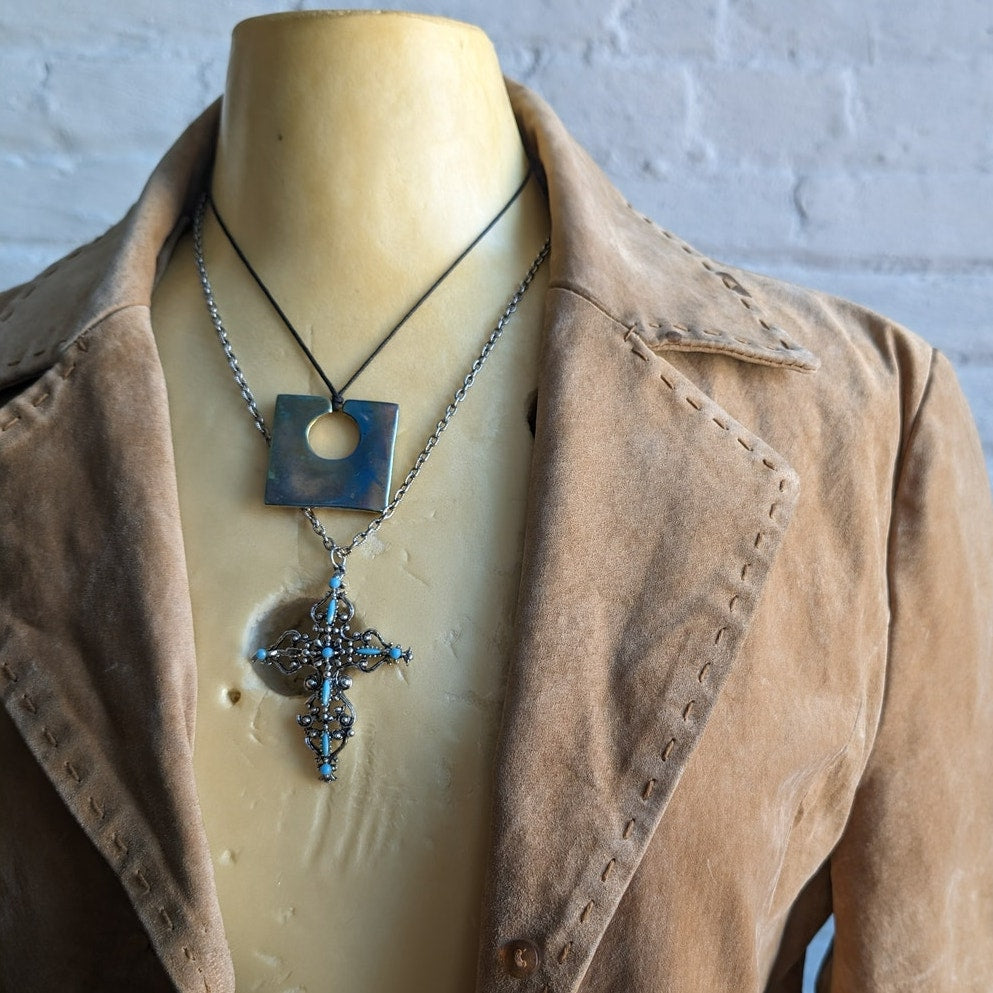 Y2K Tan Leather Trench Coat Neutral Suede Jacket Penny Lane Western Boho Large