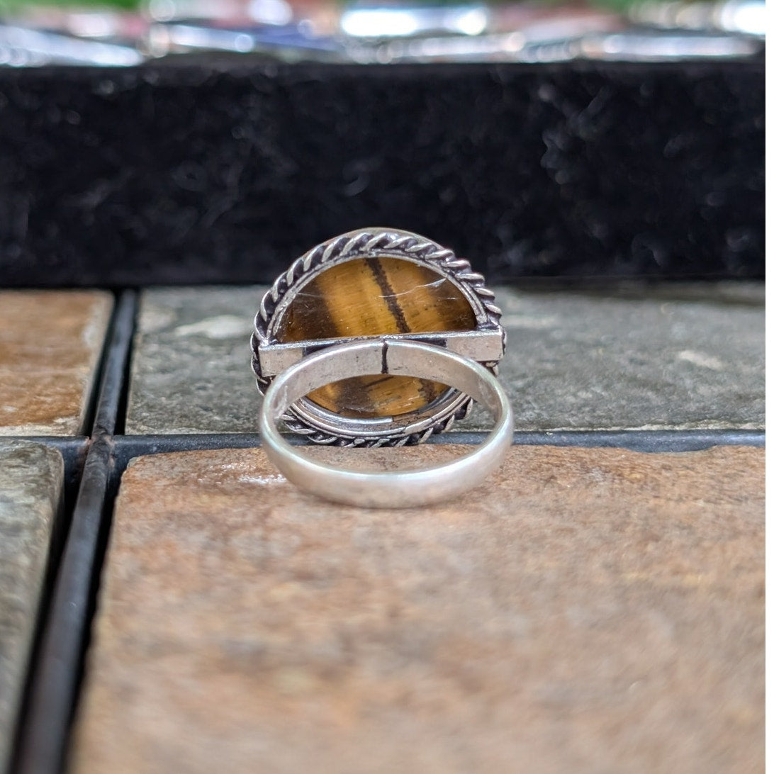Golden Brown Tigers Eye Boho Statement Ring Round Silver Vintage Groovy Sz 8.75