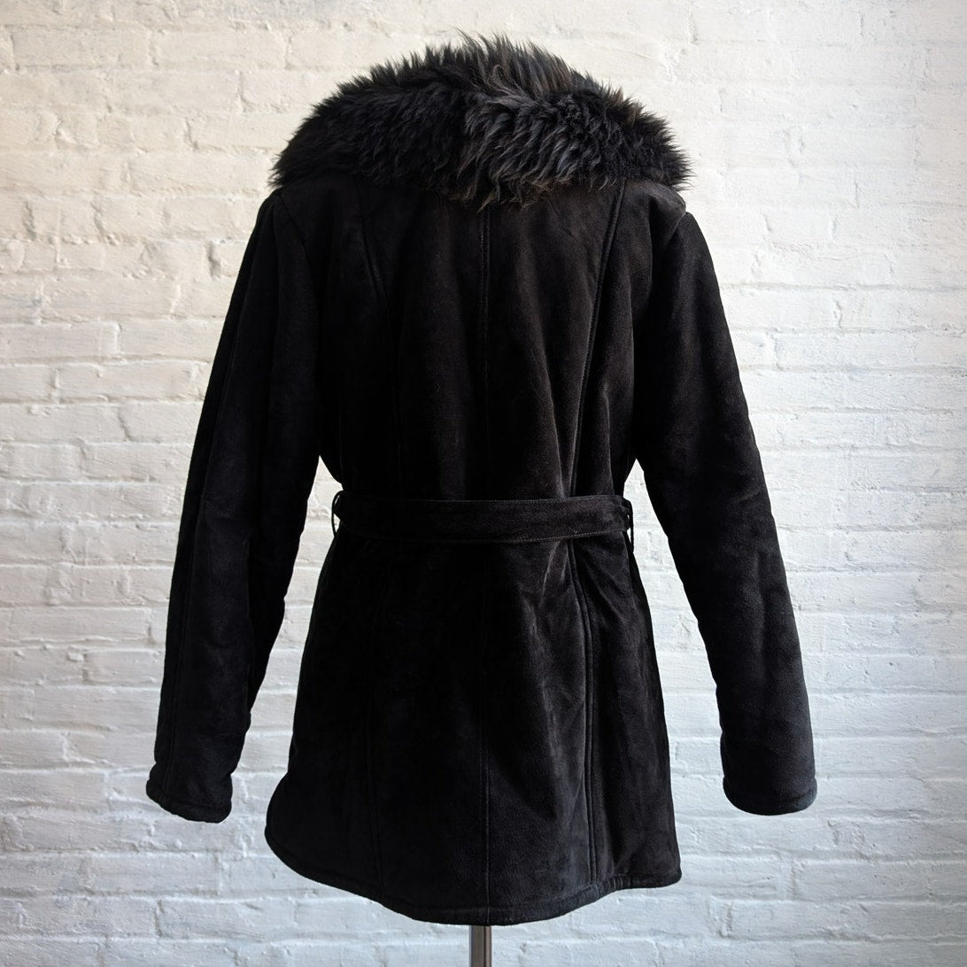 Vintage Black Suede Penny Lane Coat Fur Mini Trench Minimalist Goth Furry Jacket