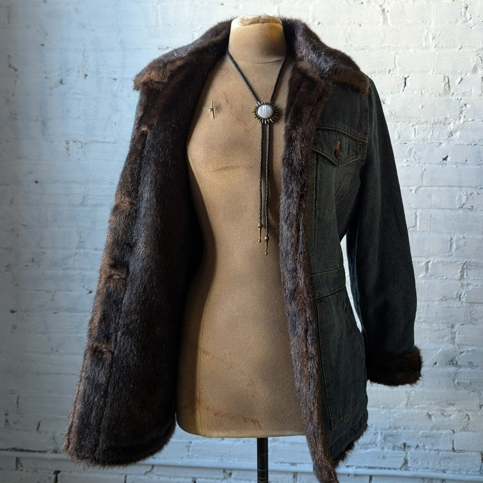 Vintage Denim Faux Fur Jacket Blue Jean Penny Lane Furry Cozy Western Chore Coat