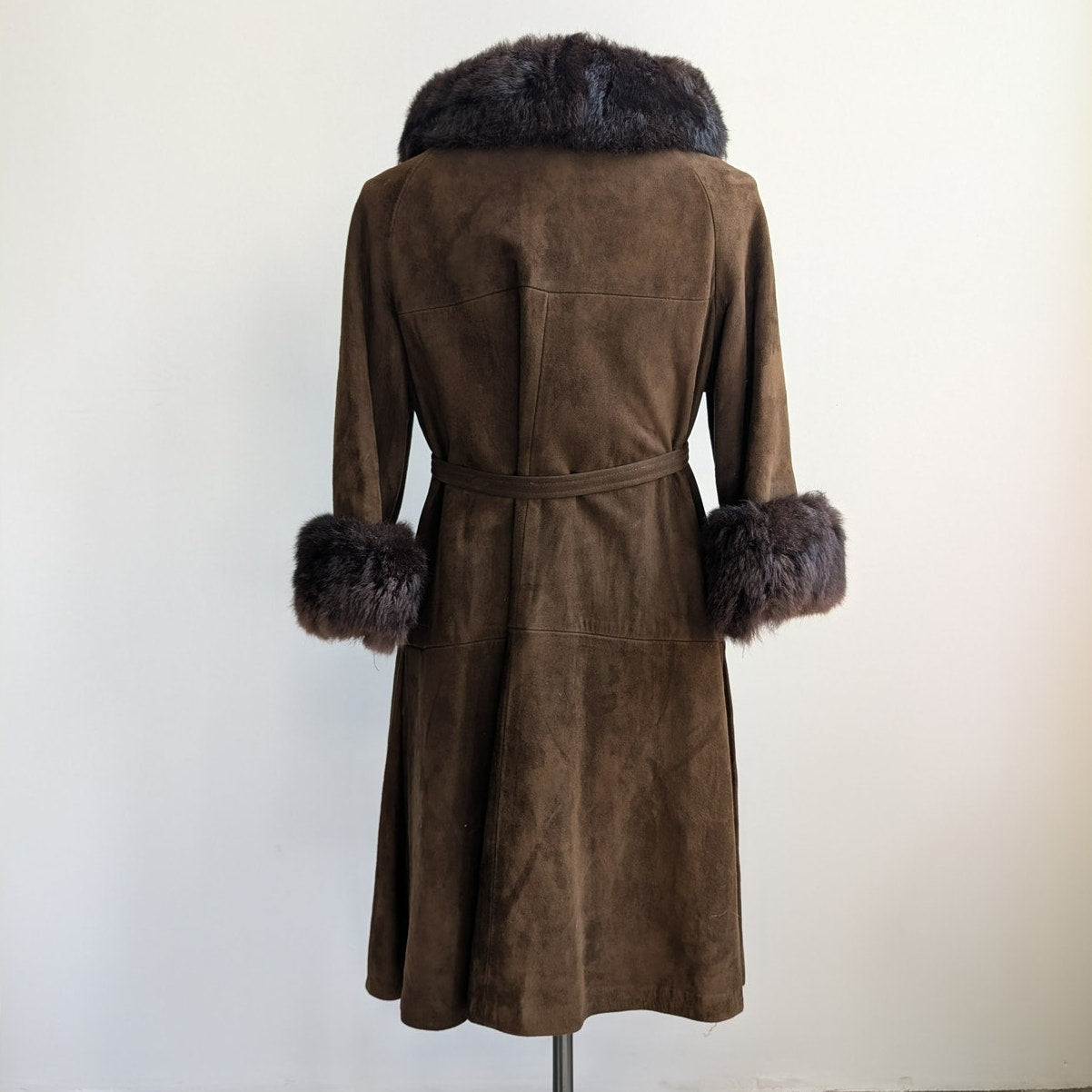 Vintage Brown Suede Penny Lane Jacket Fur Trim Leather Groovy Trench Coat Large