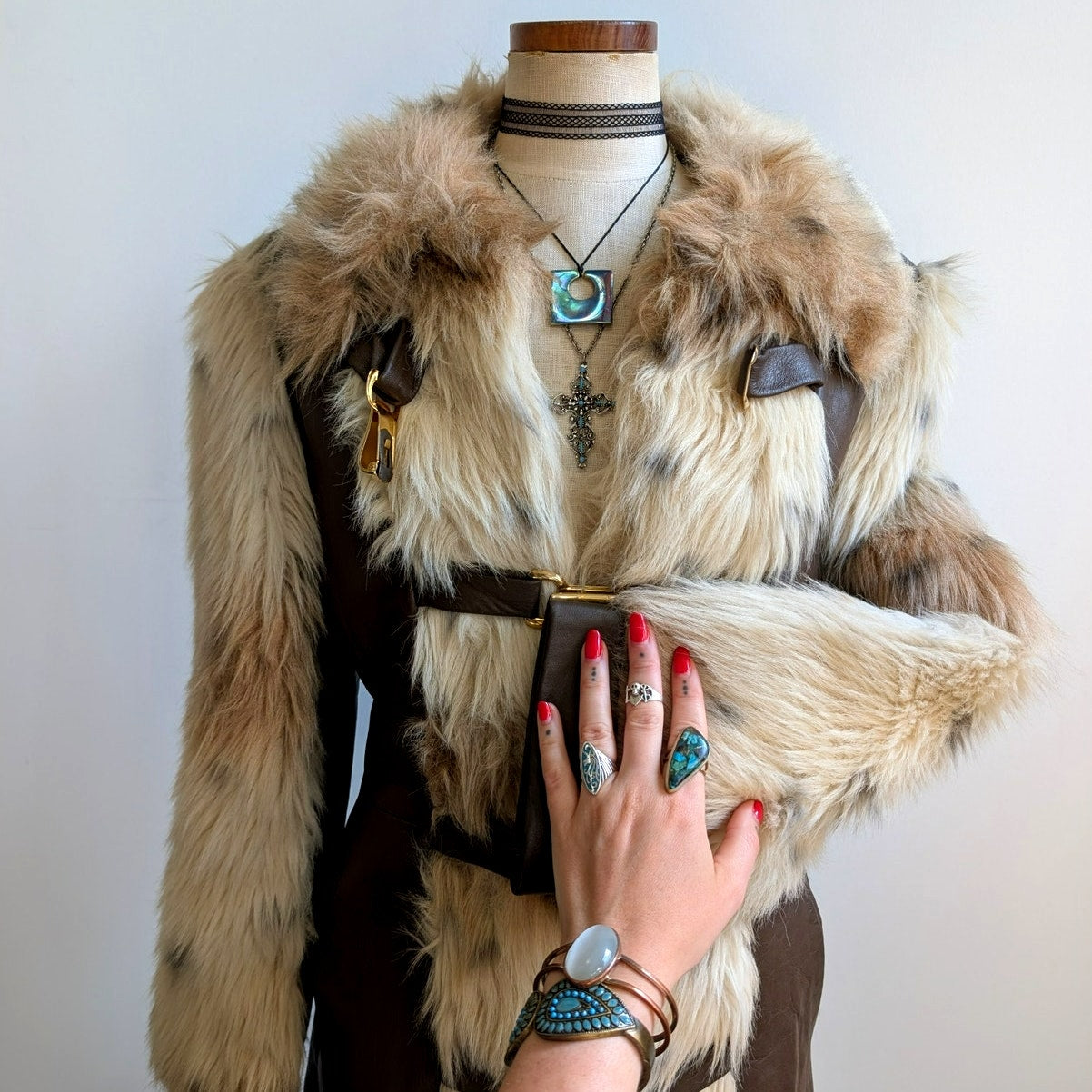 Vintage Cheetah Faux Fur Afghan Coat Leather Penny Lane Shaggy Trench Jacket