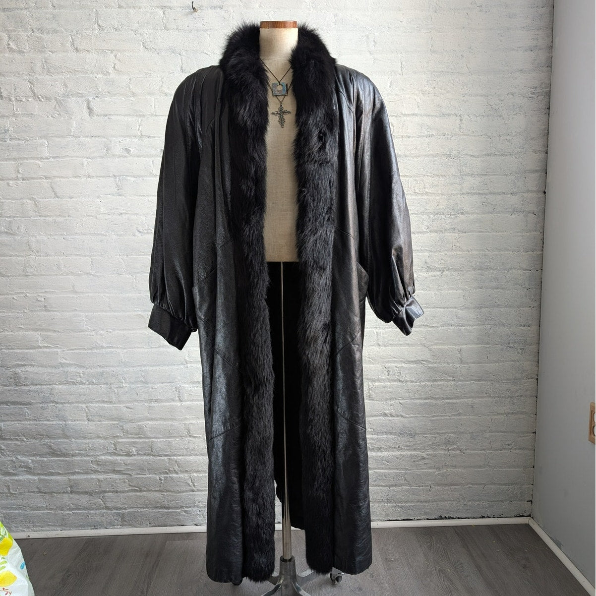 Vintage Black Leather Fox Fur Penny Lane Trench Coat Minimalist Duster Jacket