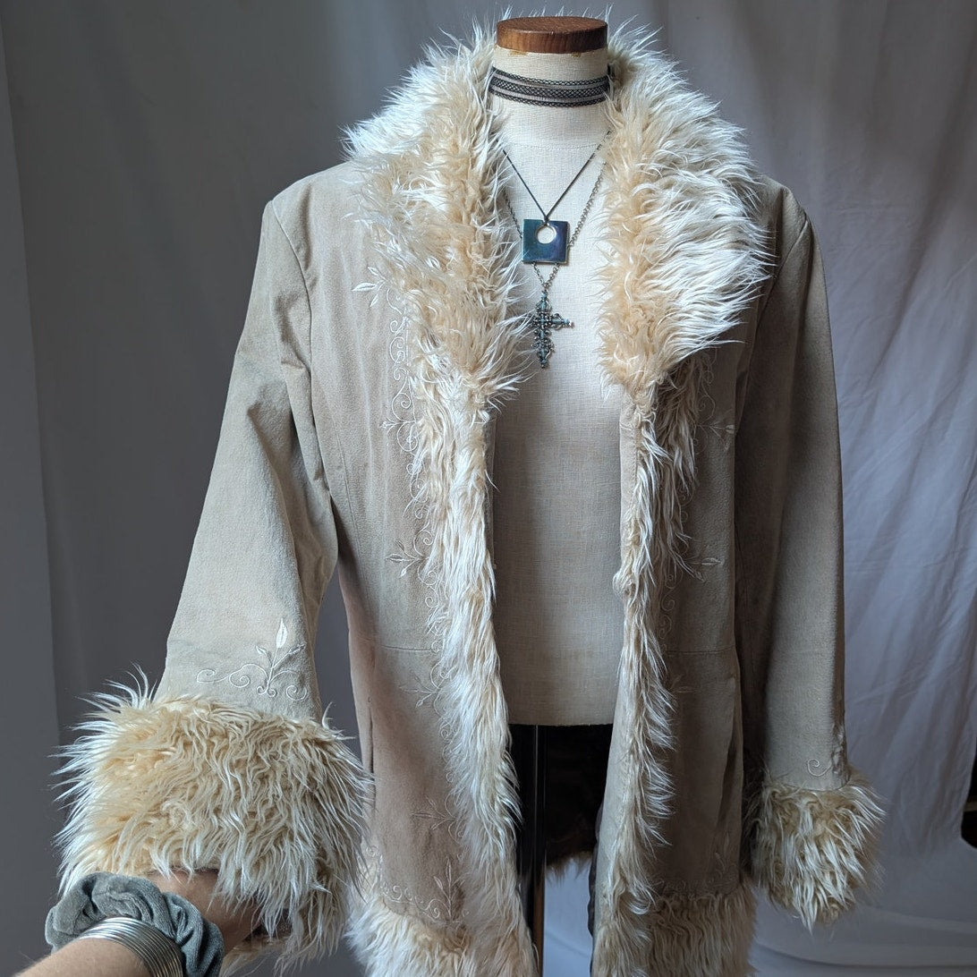 Y2K Vintage Tan Suede Penny Lane Jacket XL Faux Fur Coat Groovy Leather Coat