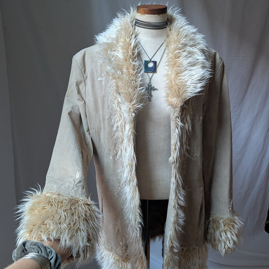 Y2K Vintage Tan Suede Penny Lane Jacket XL Faux Fur Coat Groovy Leather Coat