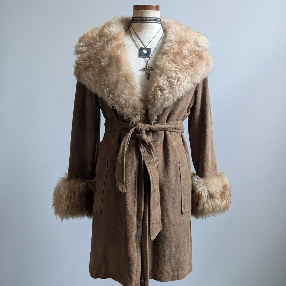 Vintage Brown Leather Penny Lane Coat Tan Suede Fur 70s Afghan Jacket Medium