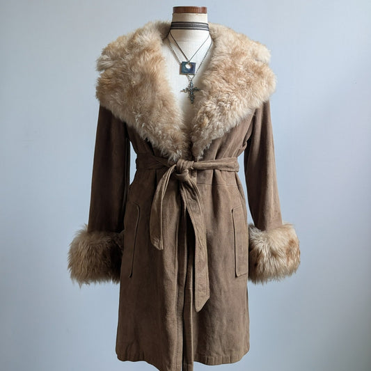 Vintage Brown Leather Penny Lane Coat Tan Suede Fur 70s Afghan Jacket Medium
