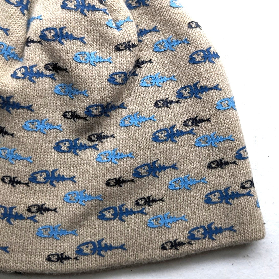 Y2K Vintage Vans Skeleton Fish Beanie 90s Skater Cream Blue Knit Skull Cap Hat
