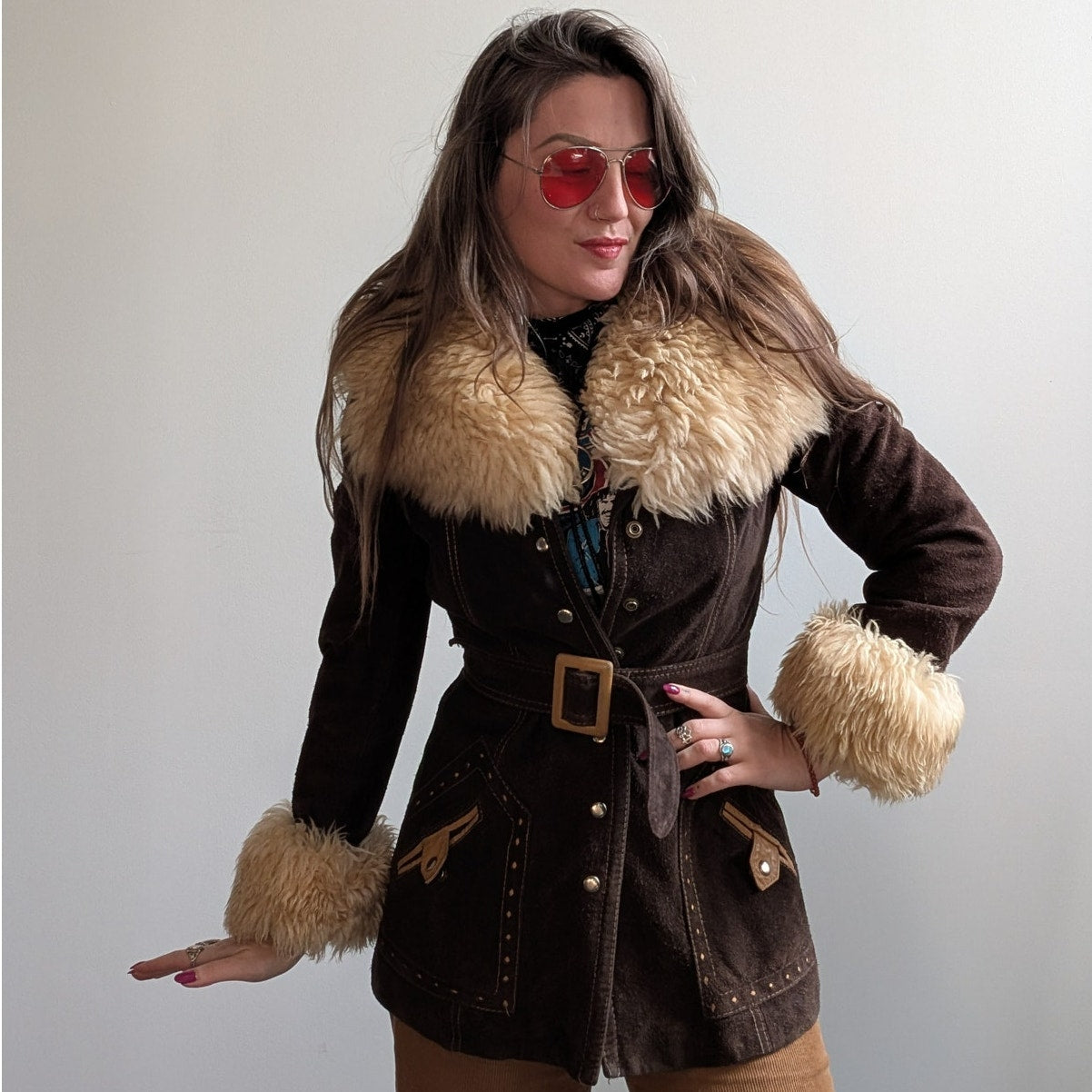 Vintage 70s Brown Suede Jacket Penny Lane Coat Shearling Fur Trim Western Small