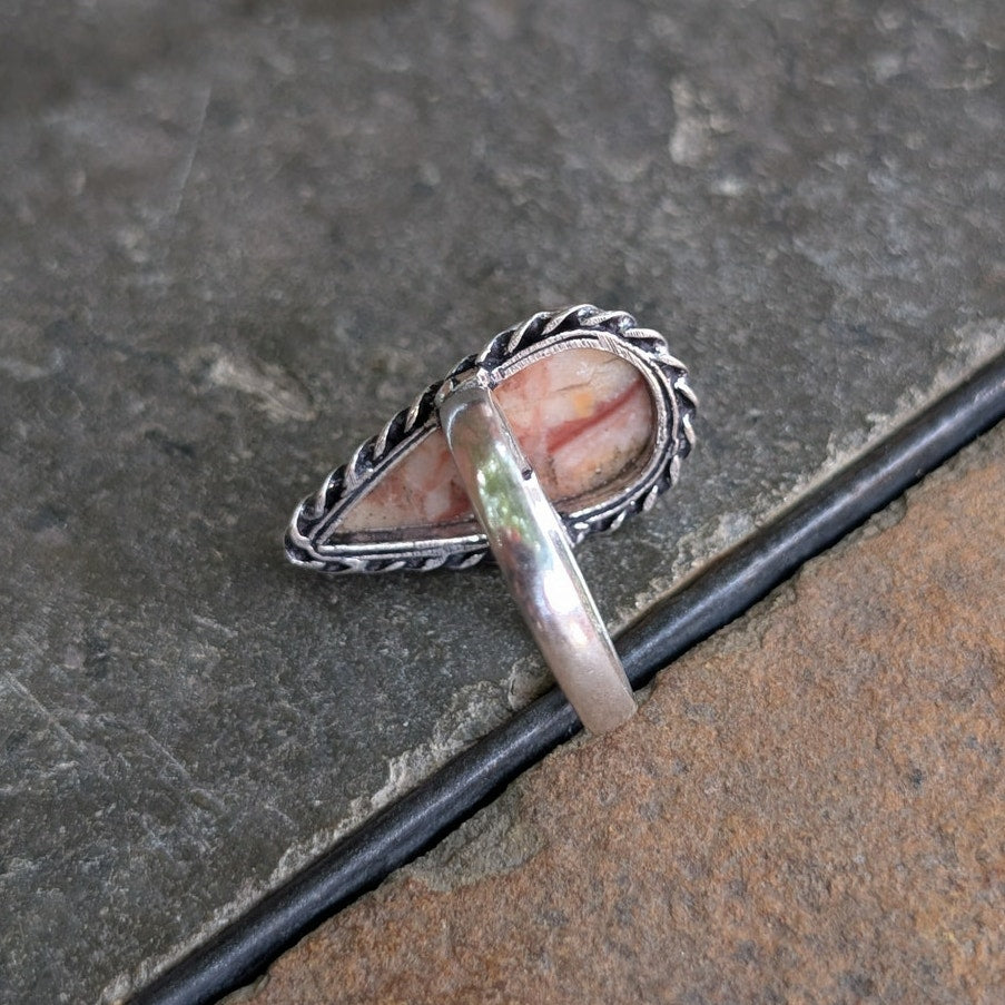 Cream Red Boho Statement Ring Teardrop Silver Vintage Groovy Southwest Size 8.75