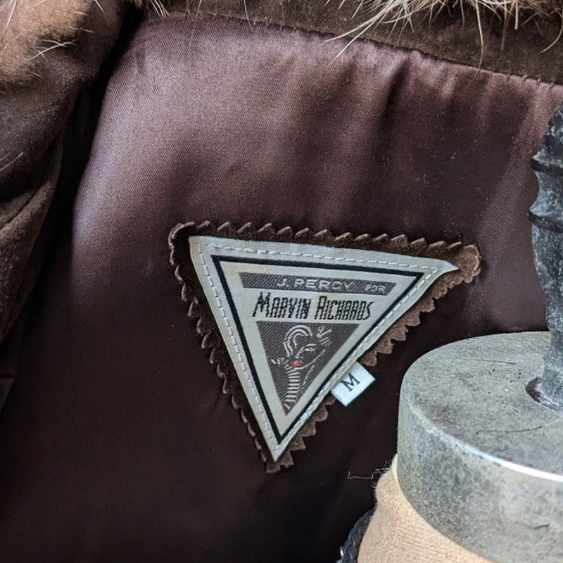 Vintage Brown Suede Coat Fur Trim Genuine Leather Minimalist Mini Trench Jacket