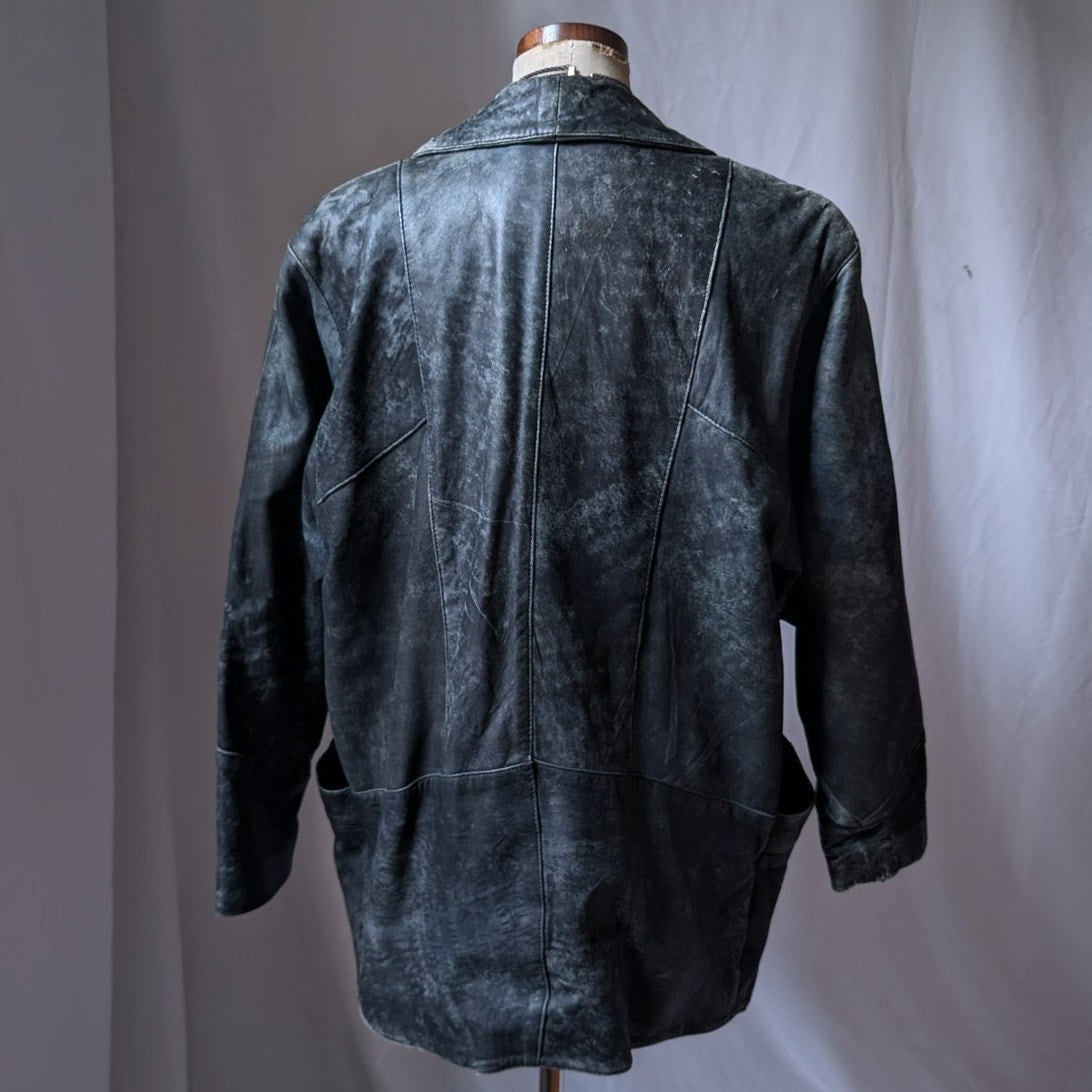 90s Vintage Black Leather Trench Coat L Slouchy Model Off Duty Leather Jacket