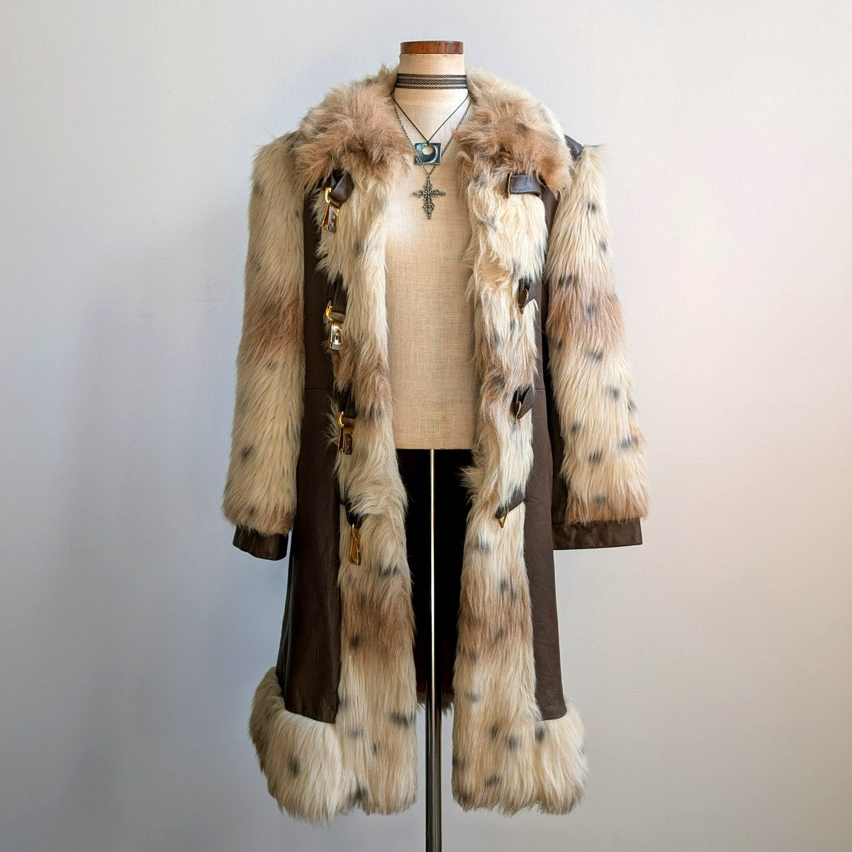 Vintage Cheetah Faux Fur Afghan Coat Leather Penny Lane Shaggy Trench Jacket