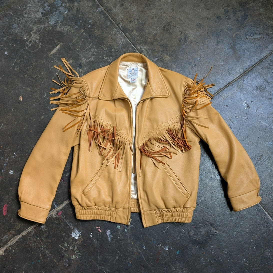 Vintage Neutral Leather Jacket 70s Fringe Biker Western Moto Bomber Coat Large